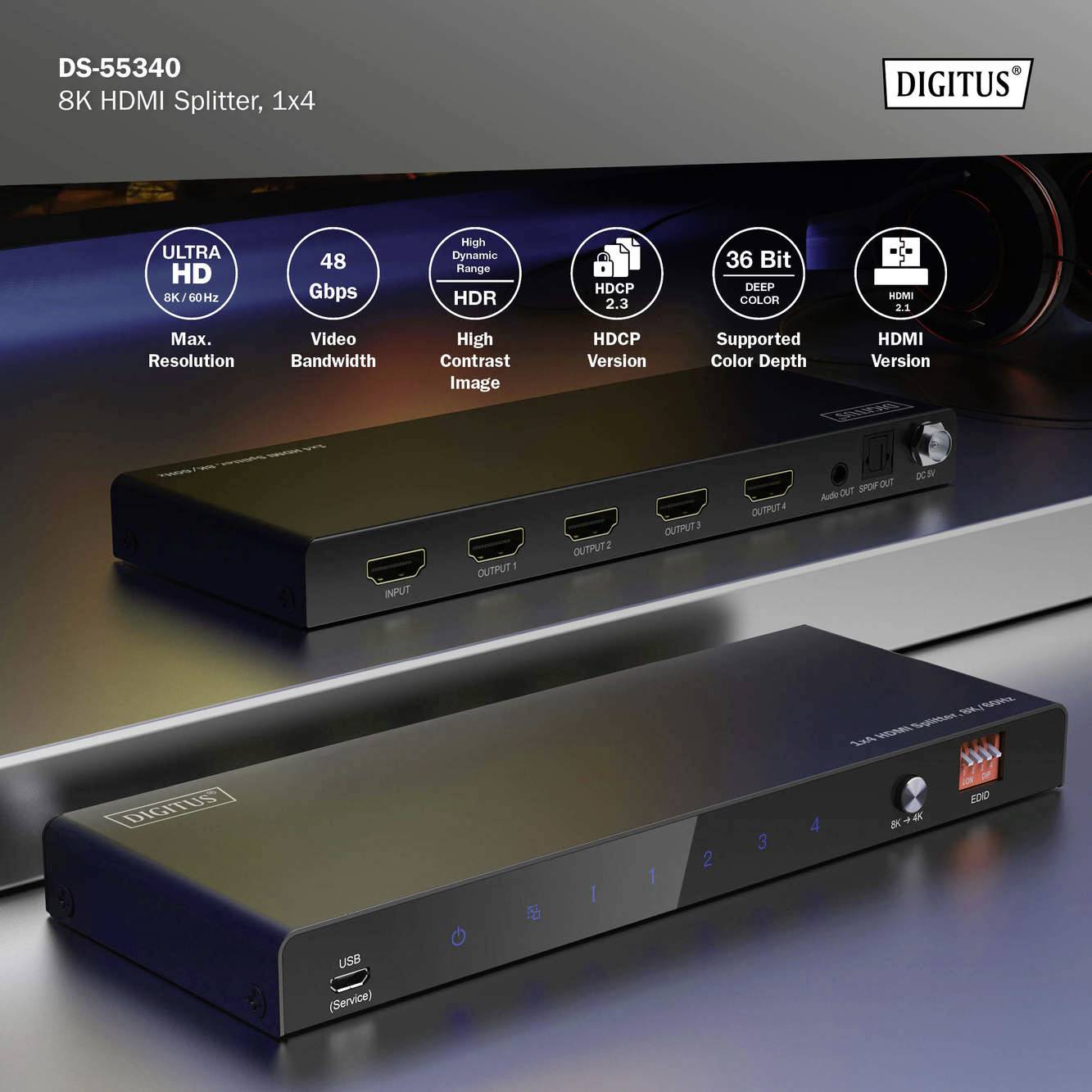 Digitus DS-55340 4 Port HDMI-Splitter einzeln schaltbar, LED-Anzeige, mit Status-LEDs, Ultra HD-fähig, zur internen Verwendung