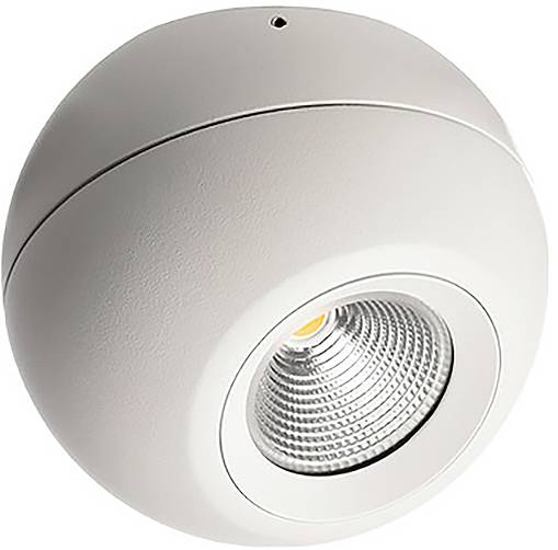 Weiße, kugelförmige Deckenleuchte mit integriertem Spotlight, das nach unten strahlt. Minimalistisches Design.