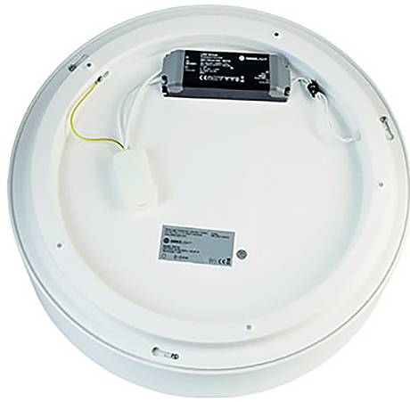 Deckenleuchte mit sichtbarer Verkabelung und Elektronik, geeignet für Deckenmontage.