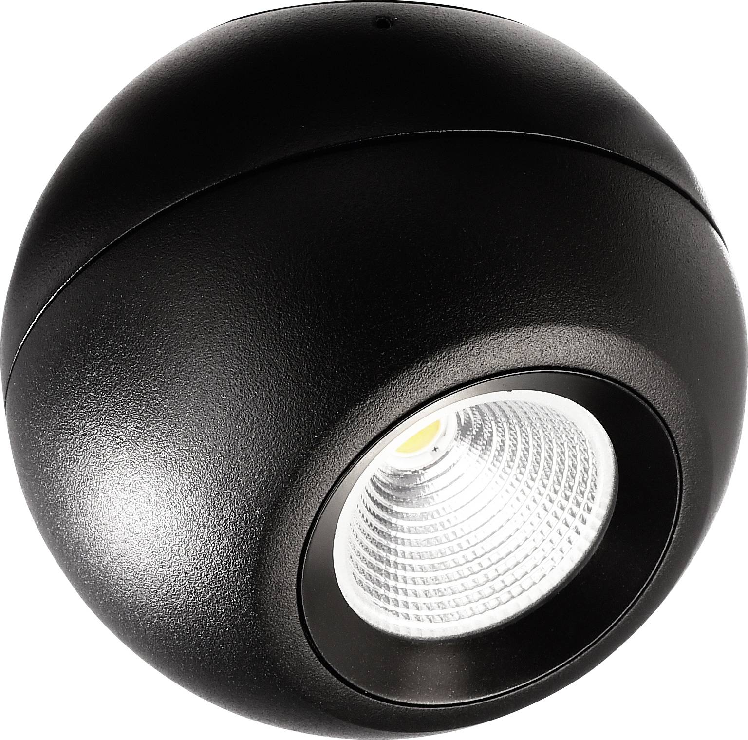 Schwarzer, runder LED-Strahler mit geriffeltem Reflektor.