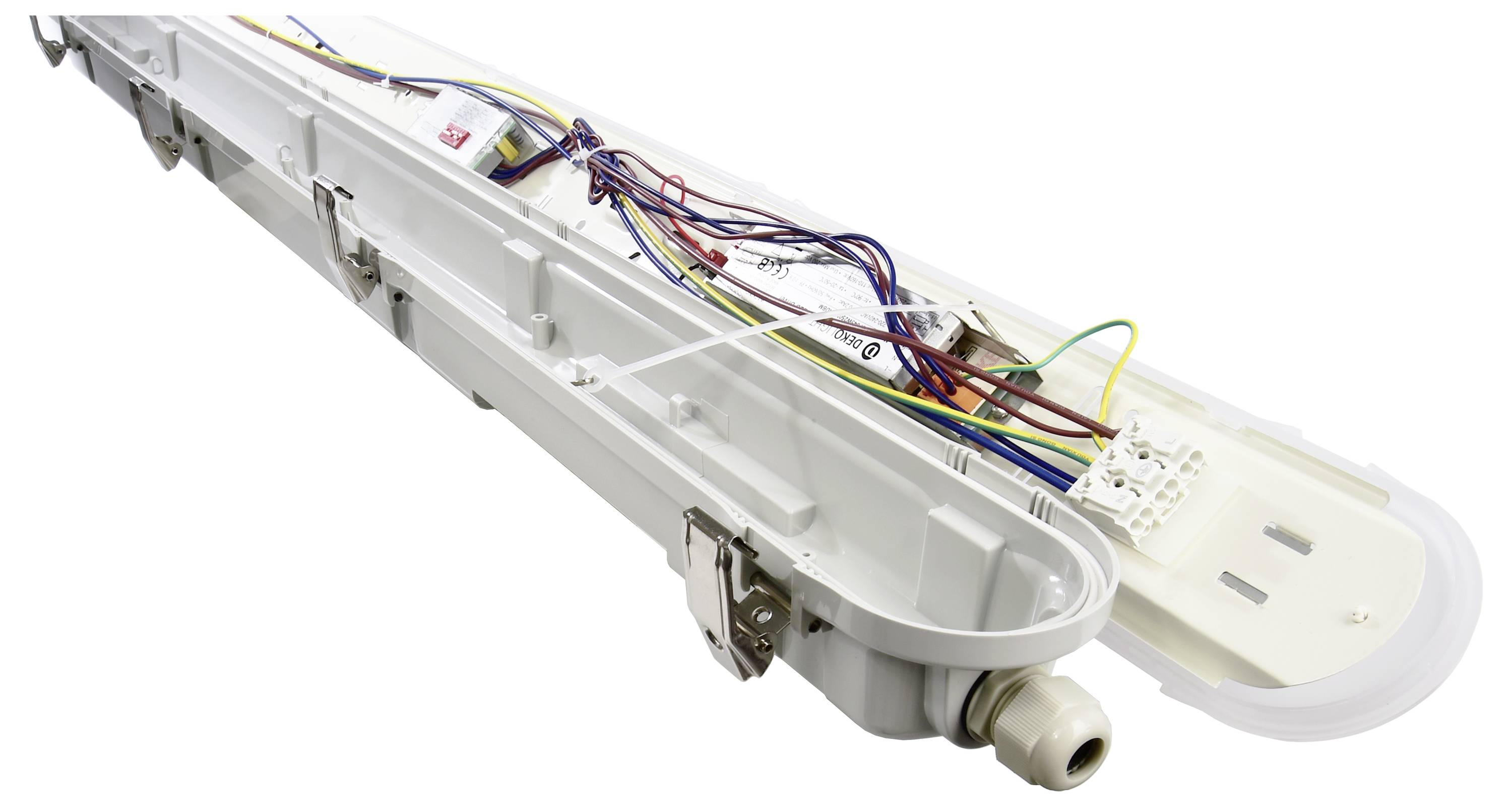 Ein geöffnetes LED-Leuchtmittelgehäuse mit sichtbaren Drähten und Komponenten. Geeignet für industrielle Anwendungen.