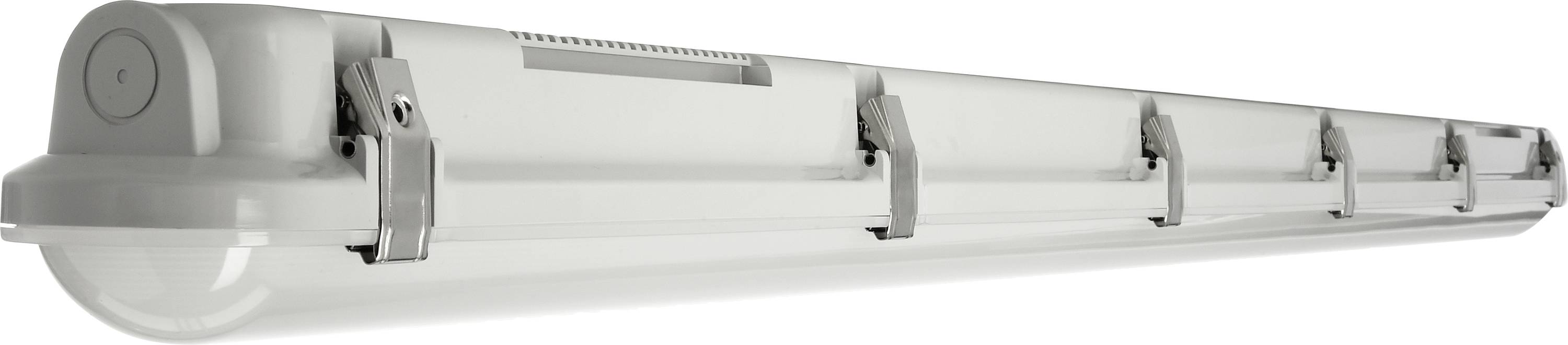 Graue, schlanke LED-Leuchte mit mehreren Befestigungsklammern, geeignet für Deckenmontage in industriellen oder gewerblichen Umgebungen.