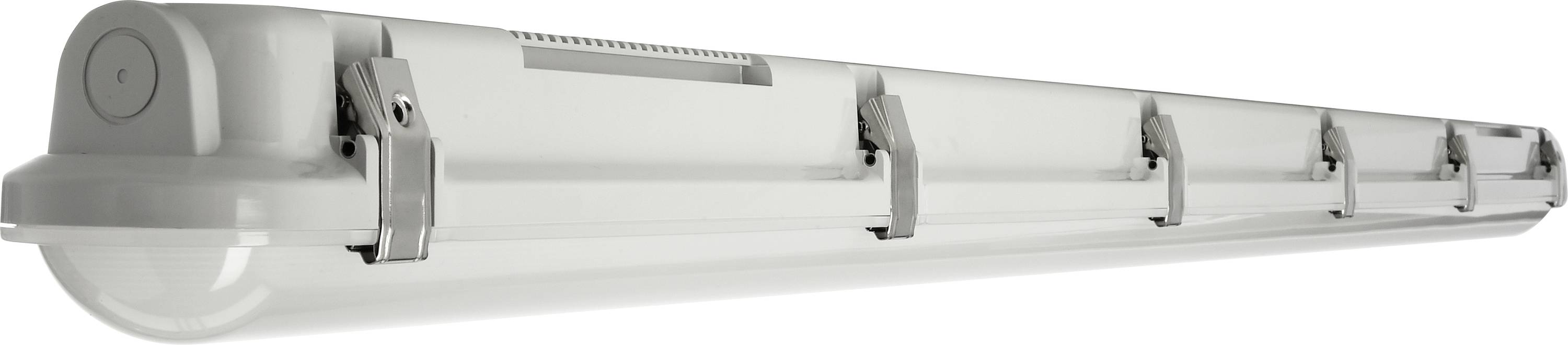 Graue, lange Leuchte mit mehreren Metall-Clips zur Befestigung. Sie wird meist in industriellen oder gewerblichen Umgebungen genutzt.