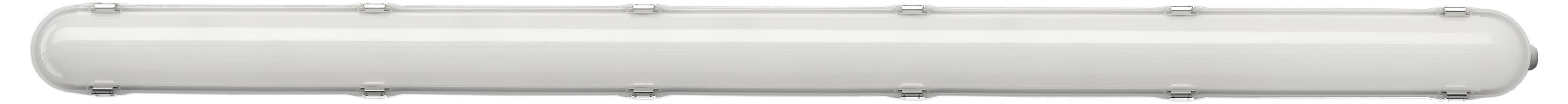 Lange, weiße LED-Leuchte mit einem schlichten, modernen Design, geeignet für breite Raumbeleuchtung.