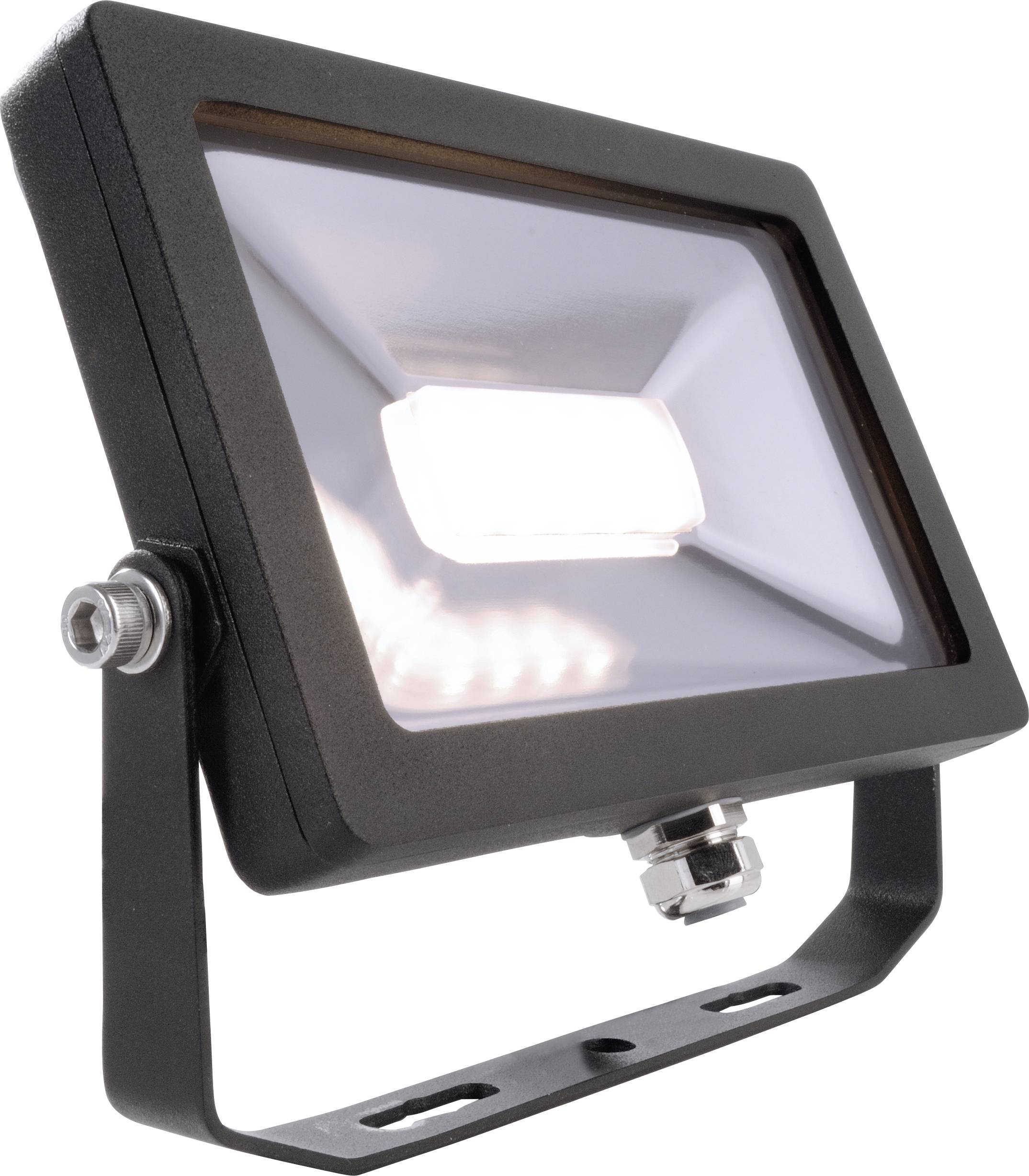 Außenstrahler mit rechteckigem Design und verstellbarer Halterung, beleuchtet eine Fläche mit hellem Licht, für Außenbereiche geeignet.
