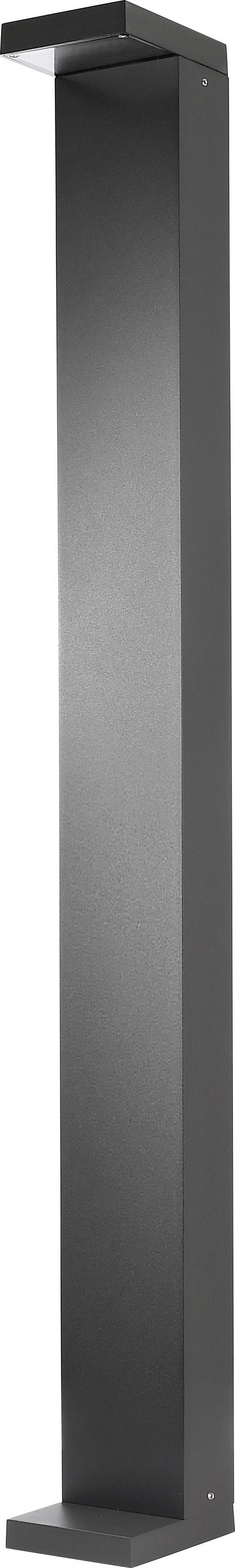 Eine schlichte, moderne schwarze Stehlampe mit rechteckigem Fuß und flachem Schirm, passend für minimalistisches Raumdesign.