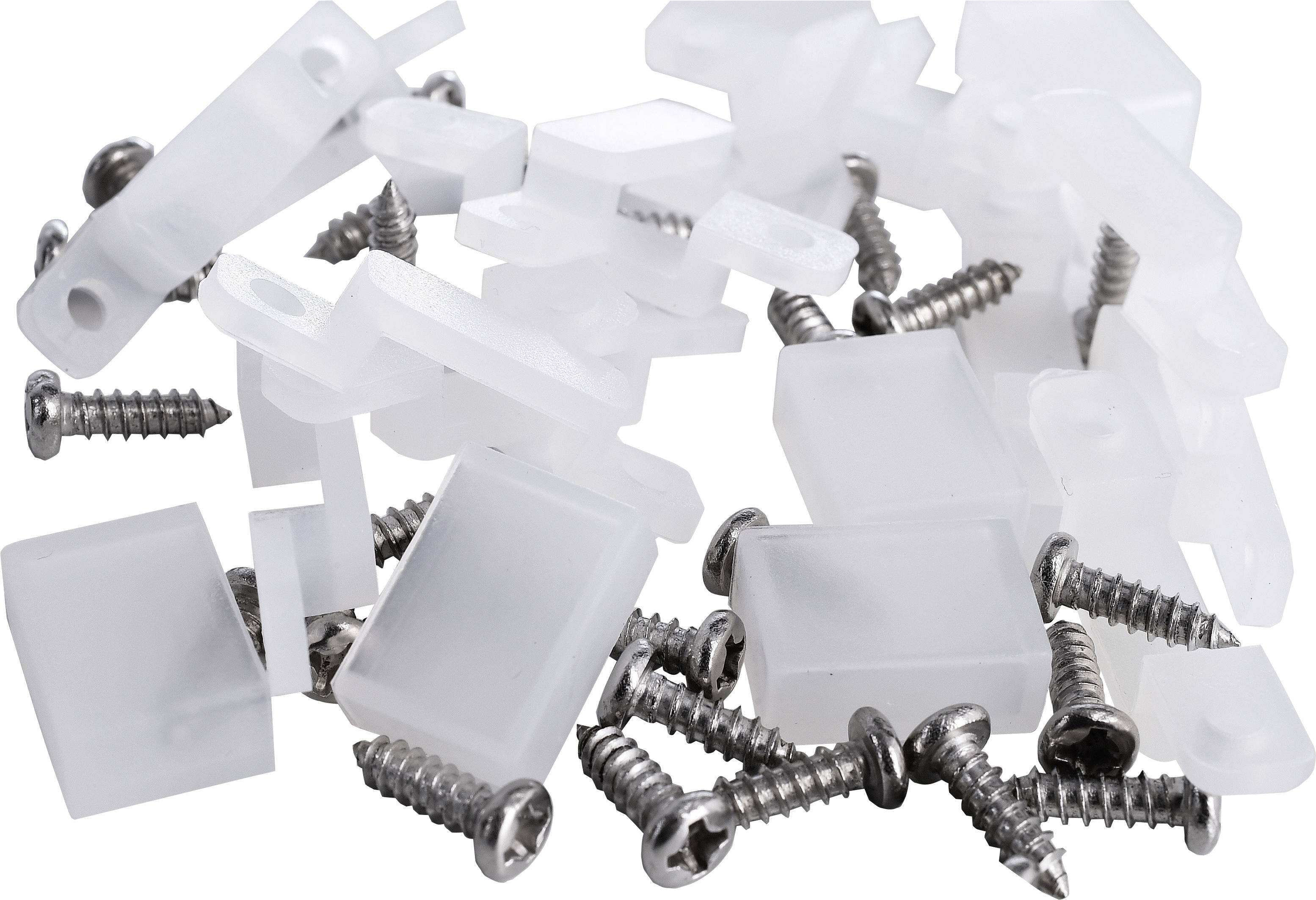 Plastikbefestigungen und Metallschrauben in einem Haufen. Sie werden oft für Möbel- oder Elektronikmontage verwendet.