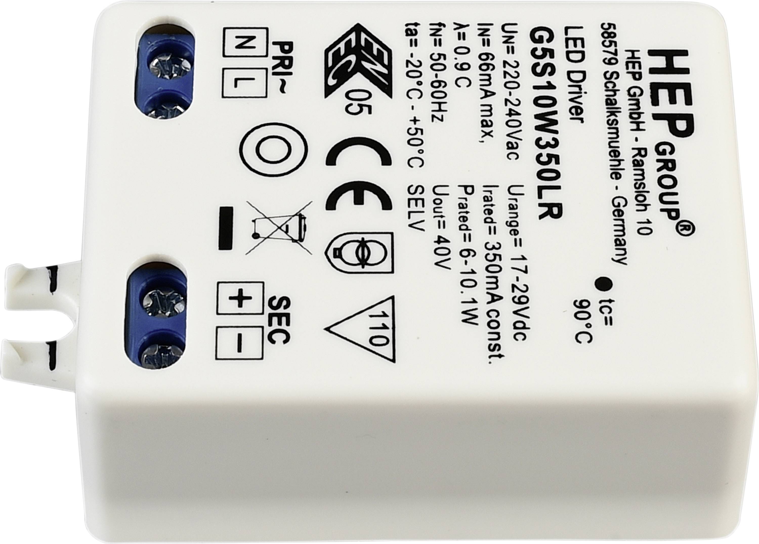 HEP Group LED-Treiber, Modell G55/10W350LR, Eingang 220-240V AC, Ausgang 17-29V DC, max. 350mA, IP 20, für Innenräume geeignet.