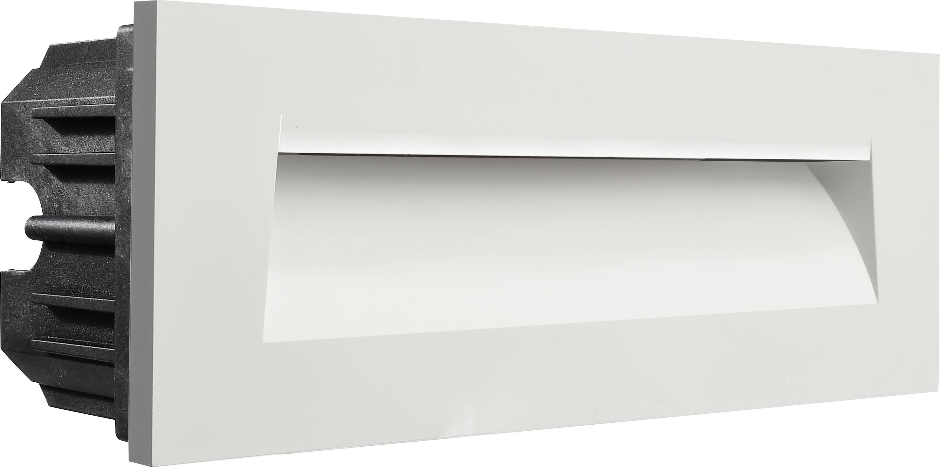 Rechteckige, weiße Einbauleuchte mit asymmetrischem Lichtaustritt, geeignet für Wand- oder Deckenmontage in Innenräumen.