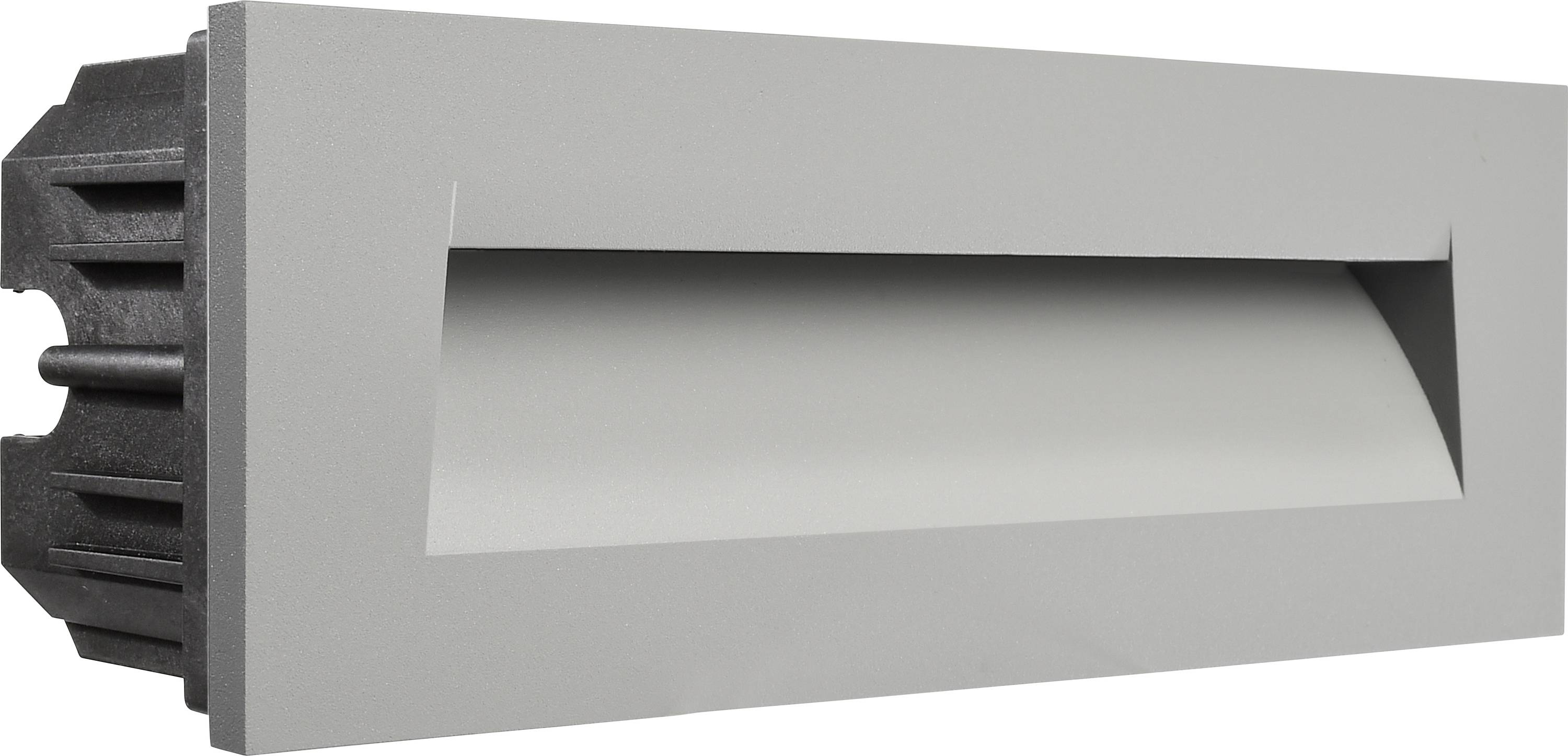 Ein rechteckiger, moderner, grauer Wandeinbau-Lichtstrahler mit abgeschrägtem Design, montiert mit einem schwarzen Gehäuse.