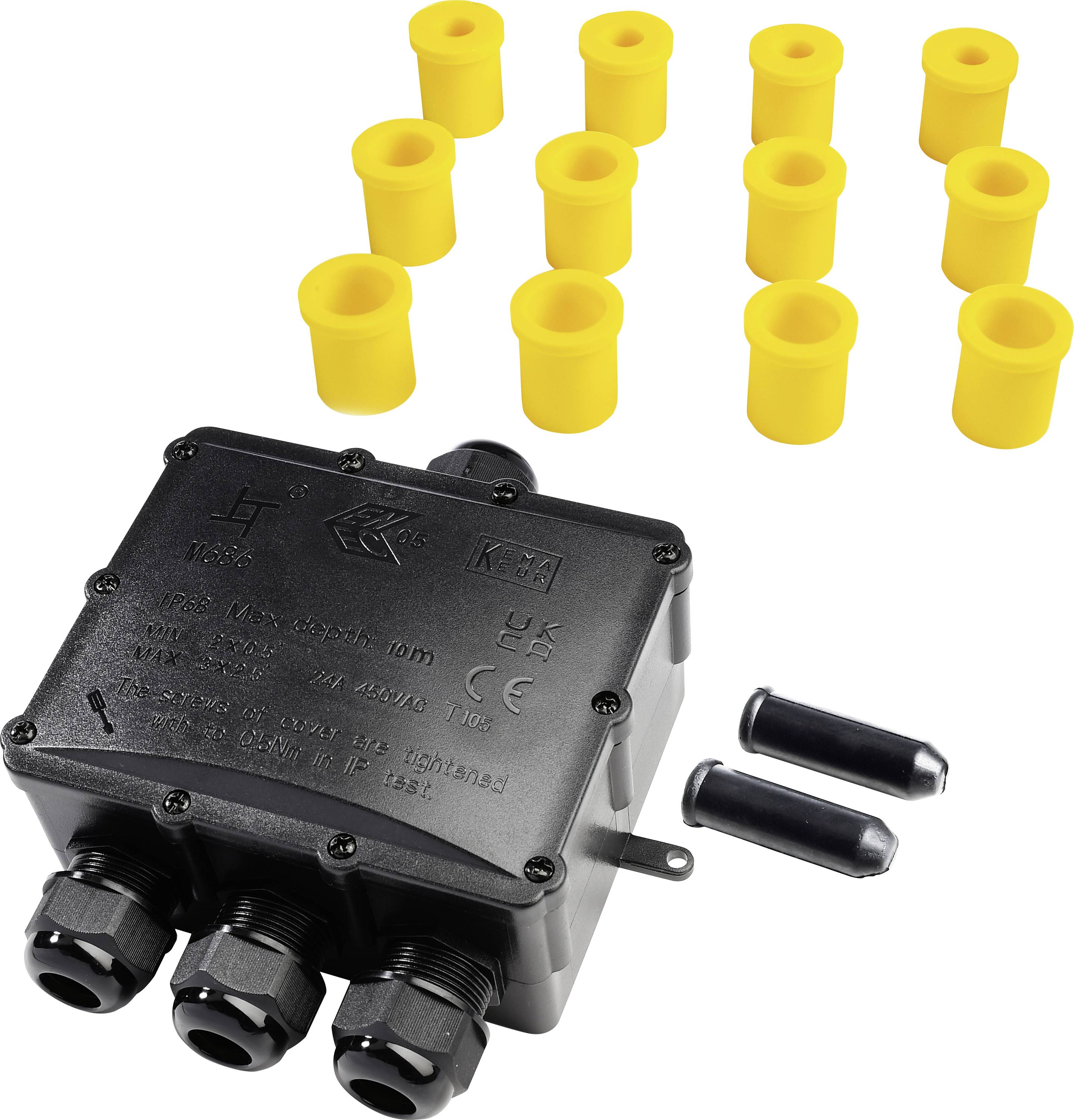 Schwarze Kabelverbindungseinheit mit drei Eingängen, umgeben von zehn gelben Endkappen und zwei schwarzen Verbindungselementen.