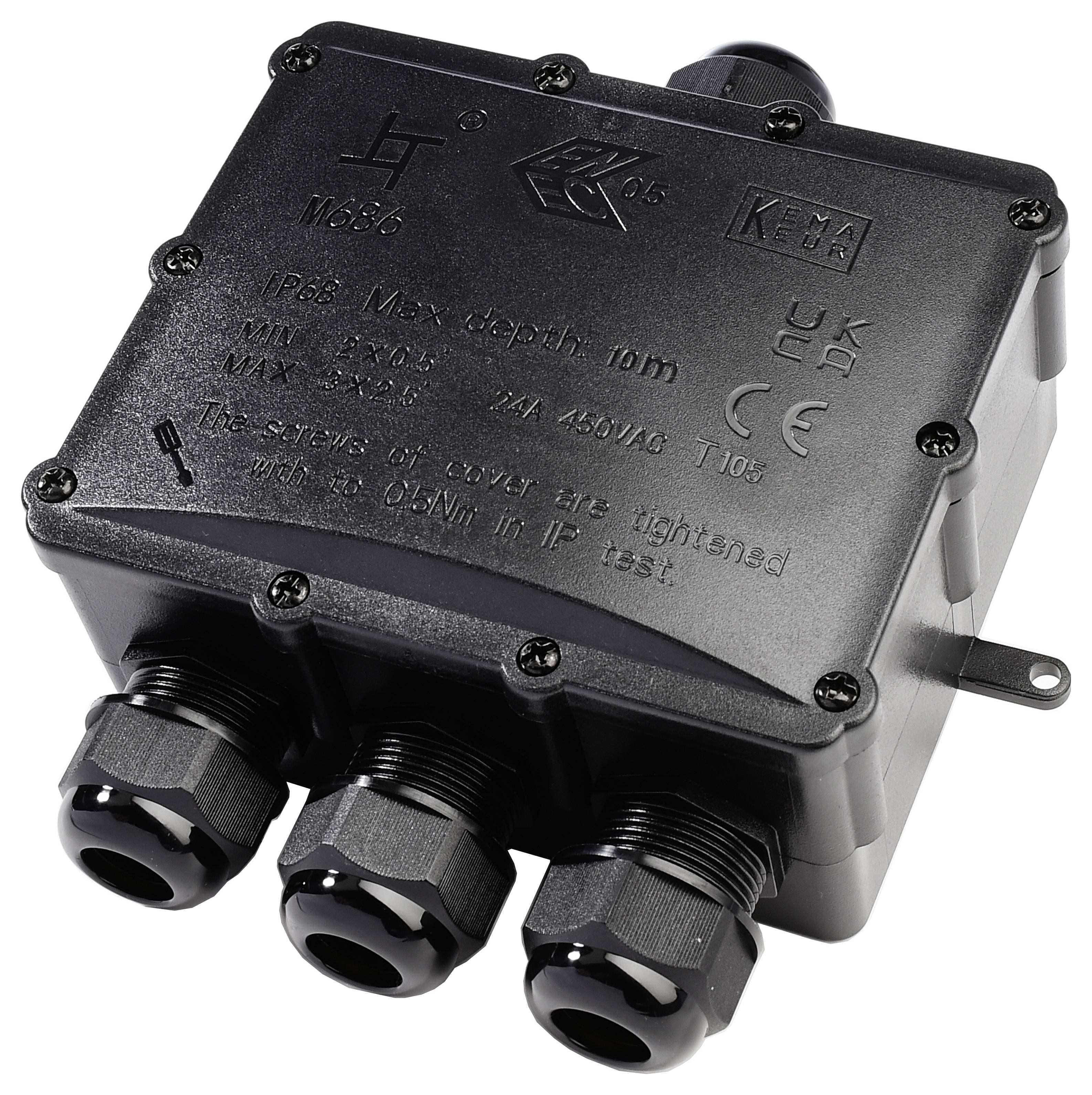 Schwarze Anschlussdose mit drei Kabelverschraubungen, Beschriftung IP68, maximale Tiefe 10m, geeignet für Außenbereiche.