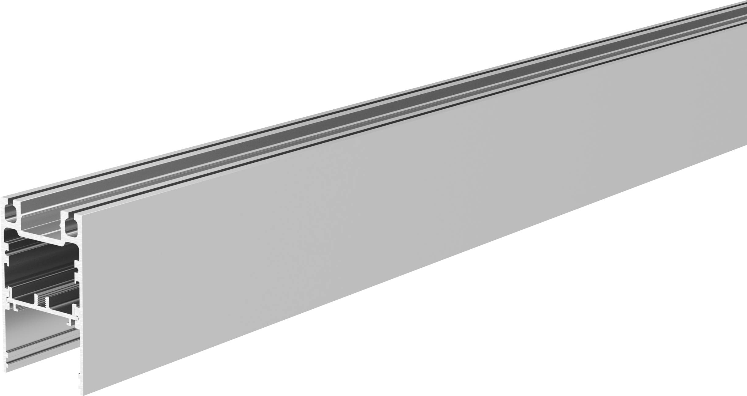 Ein silbernes Aluminiumprofil mit einer U-Form, das als Montageschiene oder Befestigungssystem genutzt werden kann.