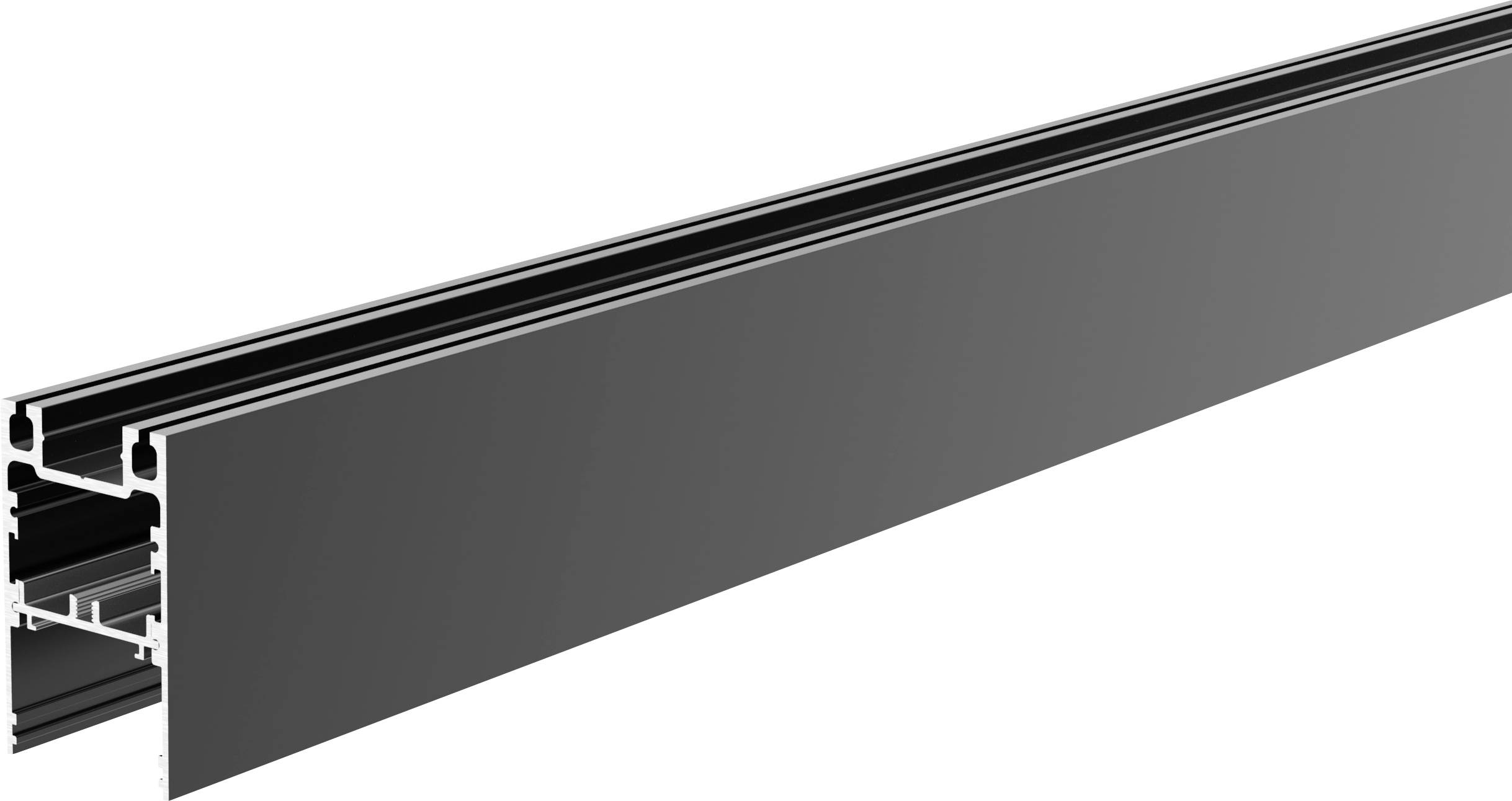 Ein langer, schwarzer Aluminiumprofilbalken mit einem komplexen Querschnitt, geeignet für Bau- oder Montageanwendungen.