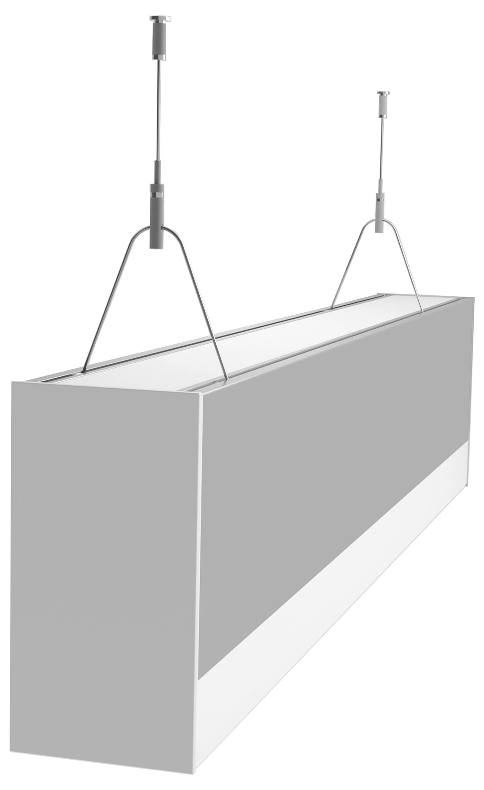 Ein rechteckiges LED-Pendelleuchten-Gehäuse mit zwei Aufhängungen an der Oberseite, in neutralen Farben gestaltet.