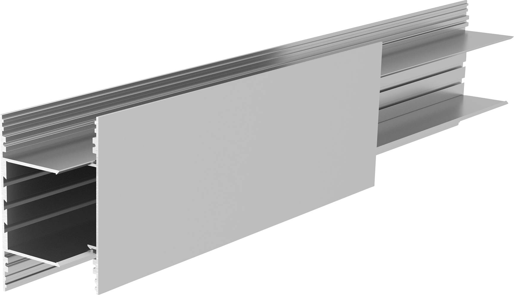 Aluminium-Profil in perspektivischer Darstellung, zeigt Querschnitt und Seitenansicht, typisch für Bau- oder Konstruktionsanwendungen.