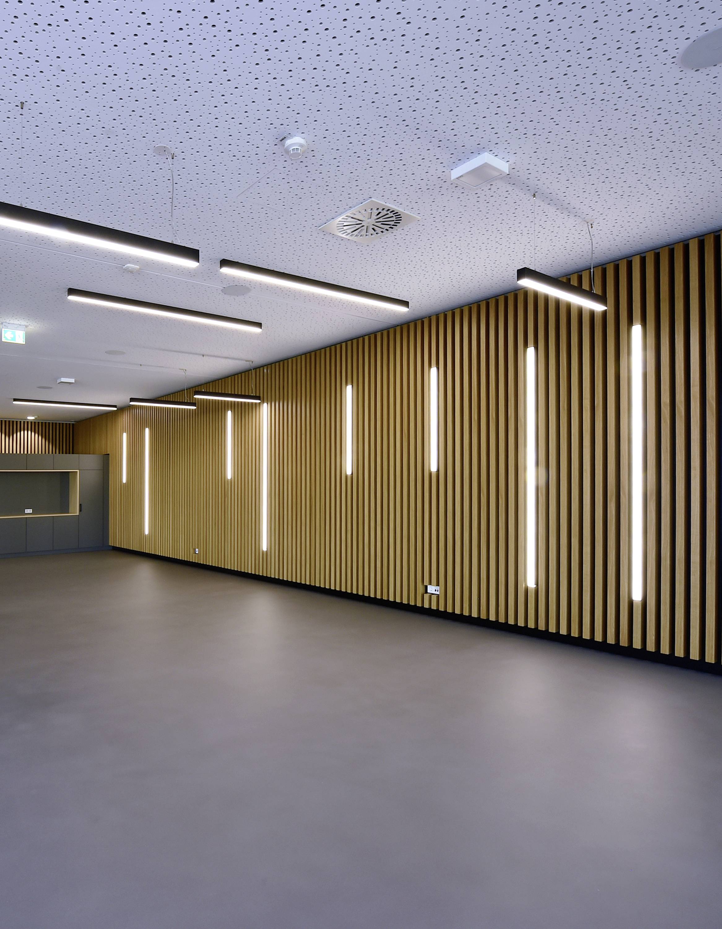 Ein moderner Raum mit Holzvertäfelung und vertikalen Leuchtstreifen. Deckeneinbauleuchten beleuchten den grauen Boden.