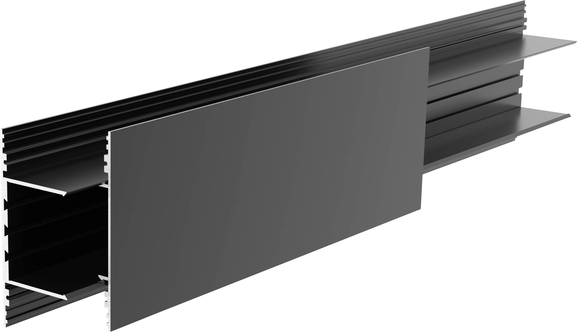 Ein rechteckiges Metallprofil mit Hohlraum und Längsrillen, geeignet für Konstruktionen und Industriezwecke.