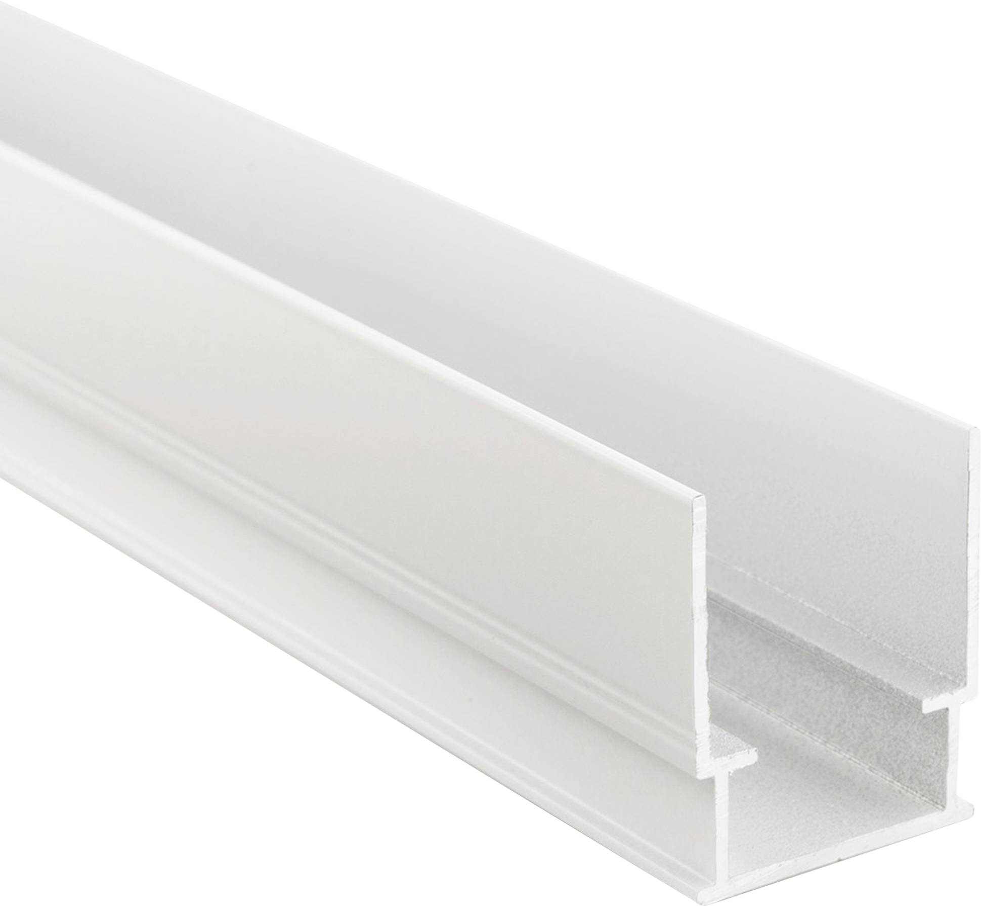 Ein weißes, rechteckiges Kabelkanalprofil mit offener Seite, geeignet zur versteckten Installation von Kabeln an Wänden oder Decken.