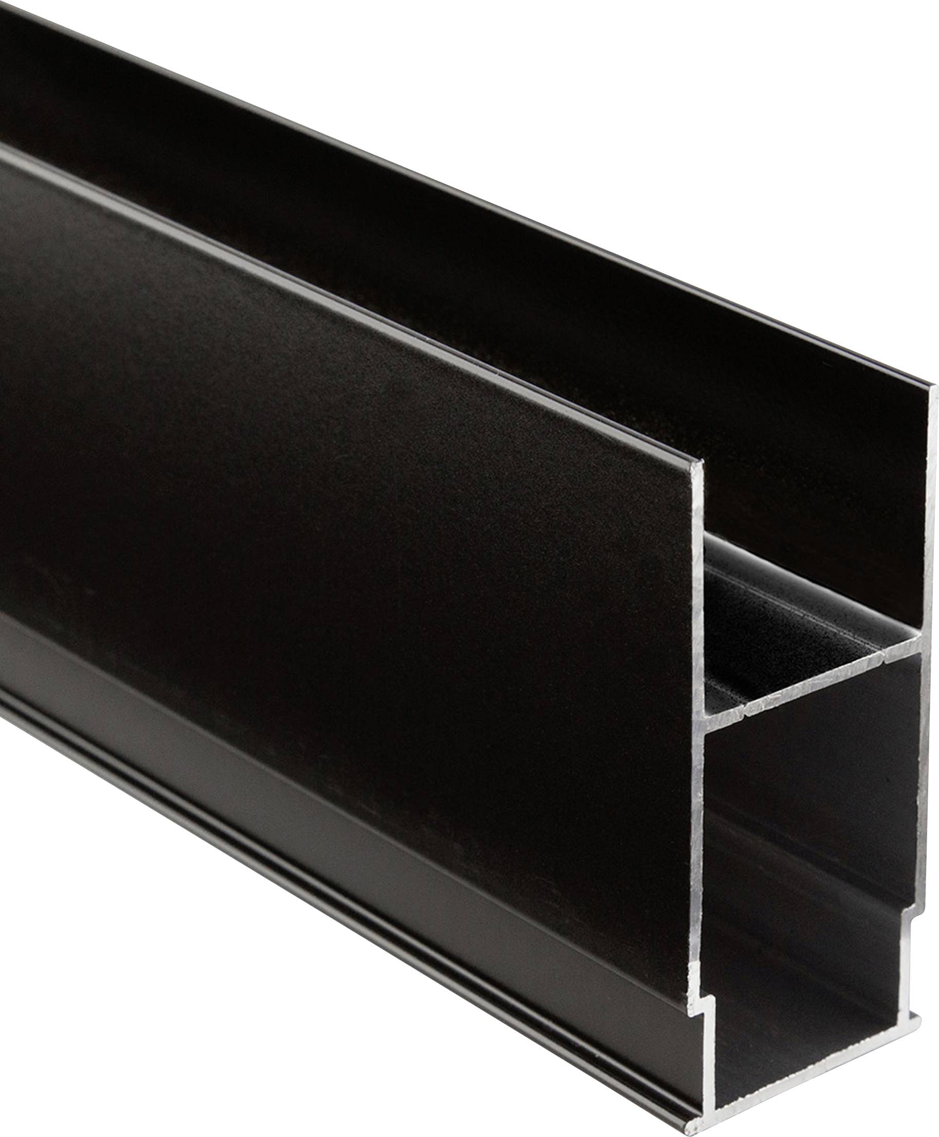 Ein schwarzes Aluminiumprofil mit einer H-Form, geeignet für die Konstruktion und Befestigung von Rahmen oder Strukturen.