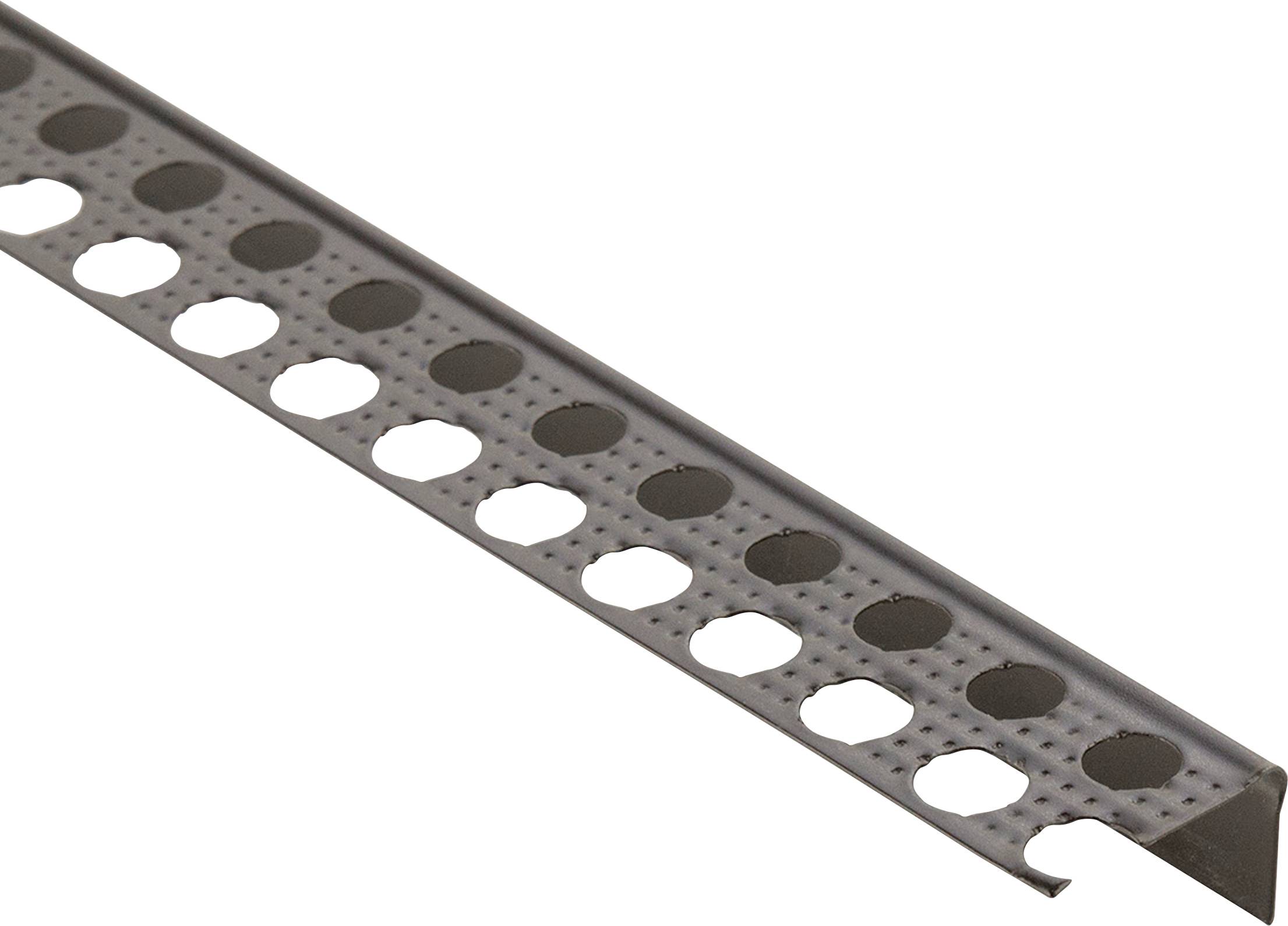 Metallschiene mit runden Löchern entlang der Längsseite. Sie dient zur Verstärkung oder Kantenabdeckung in Bau- oder Möbelanwendungen.
