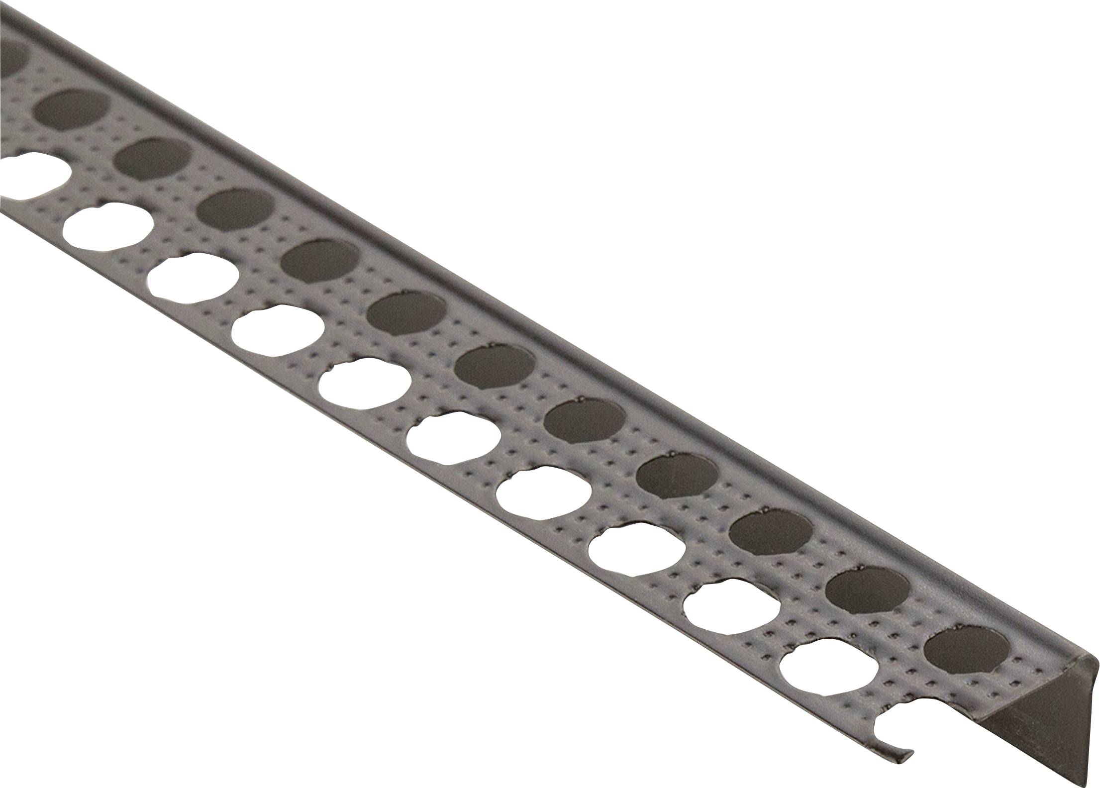 Ein perforierter Eckschutz aus Metall mit runden Löchern entlang der Kante, verwendet für den Schutz und die Verstärkung von Putzkanten.