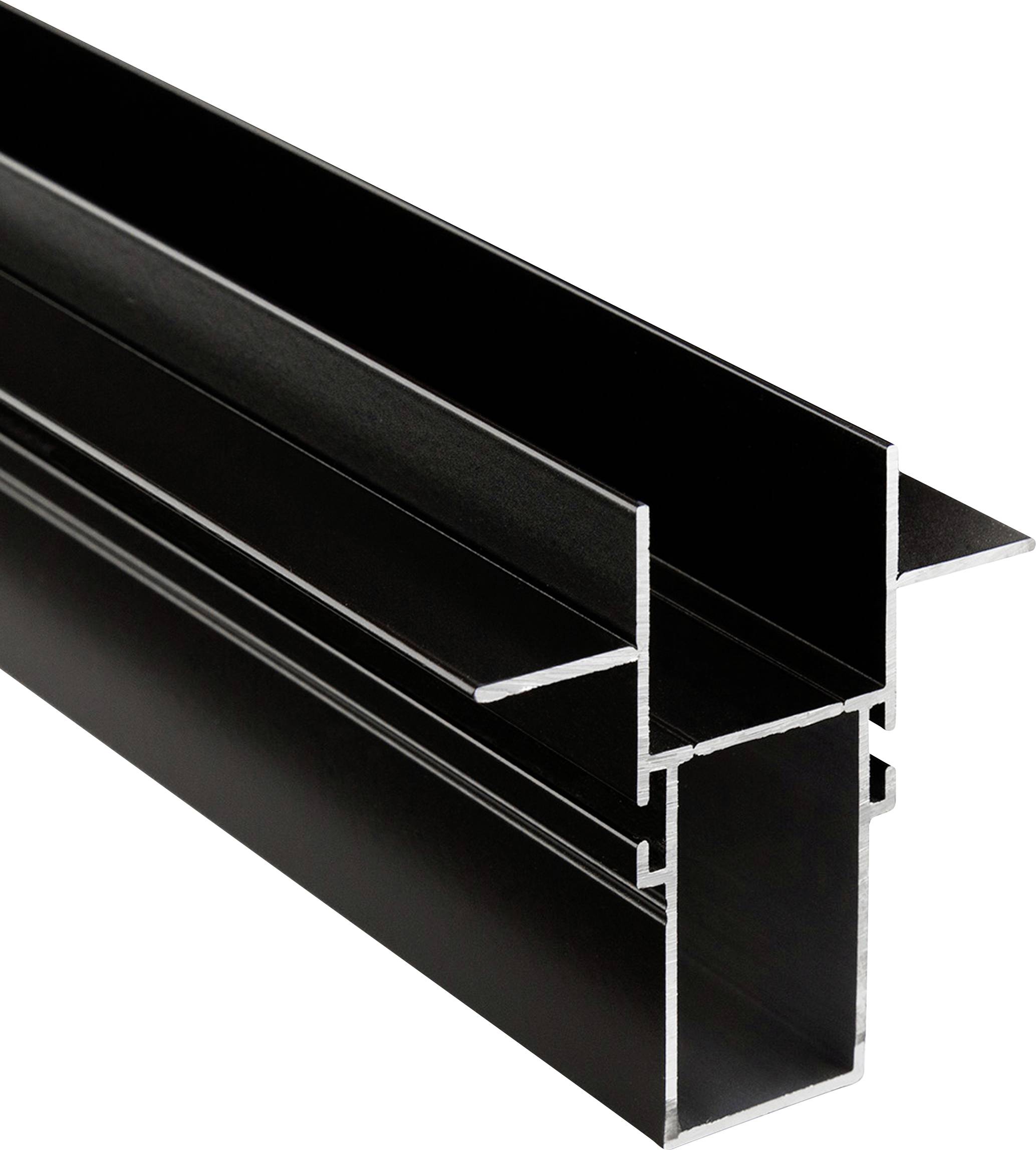 Schwarzes Aluminiumprofil in seitlicher Ansicht, zeigt detaillierte Kanten und die komplexe Form der Konstruktion.