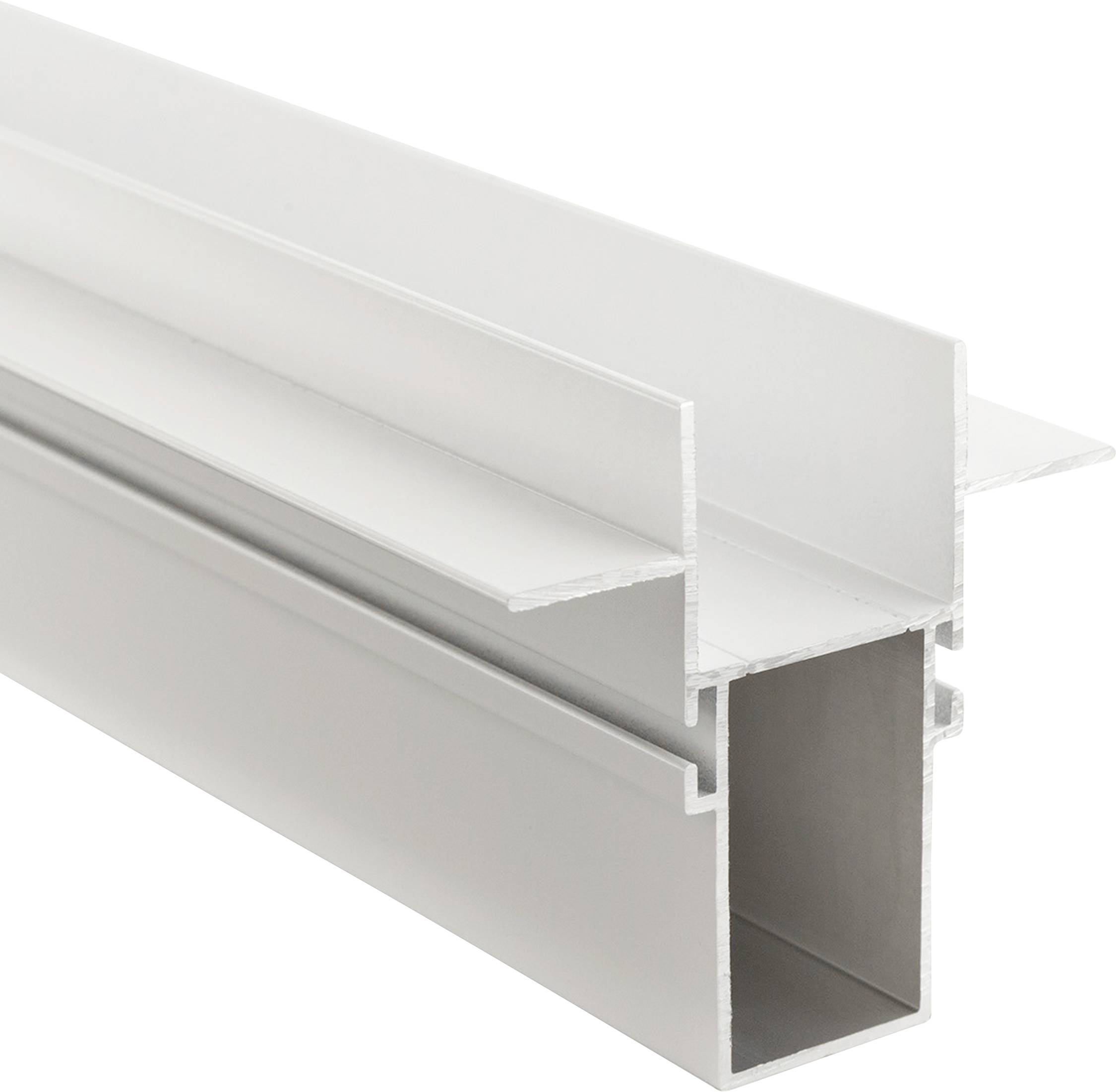 Ein weißes Metallprofil mit einem H-förmigen Querschnitt, verwendet in der Konstruktion zum Verbinden oder Stützen von Materialien.