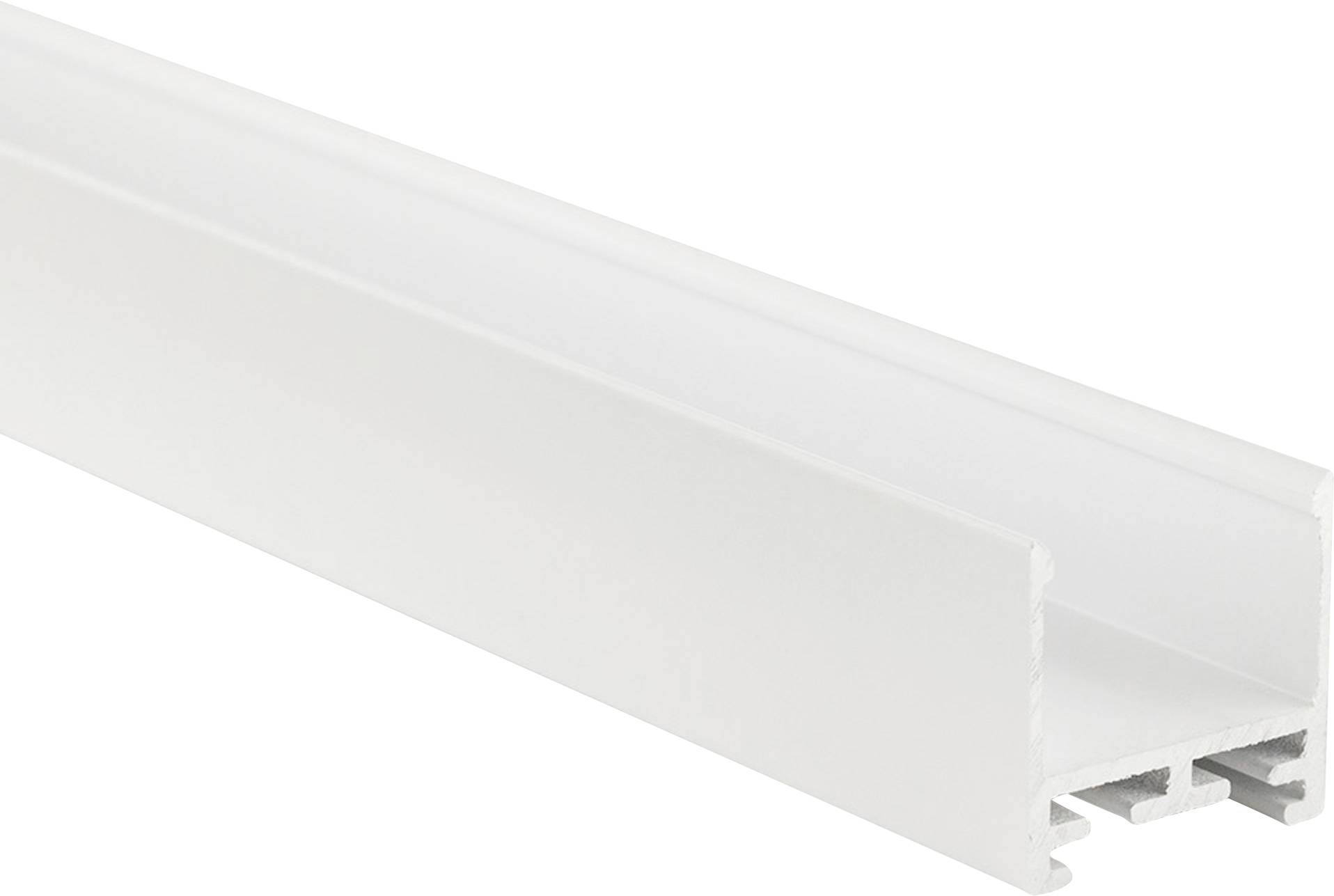 Ein weißes Aluminiumschienenprofil, das typischerweise zur Befestigung oder Unterstützung von Material, wie LED-Streifen, verwendet wird.