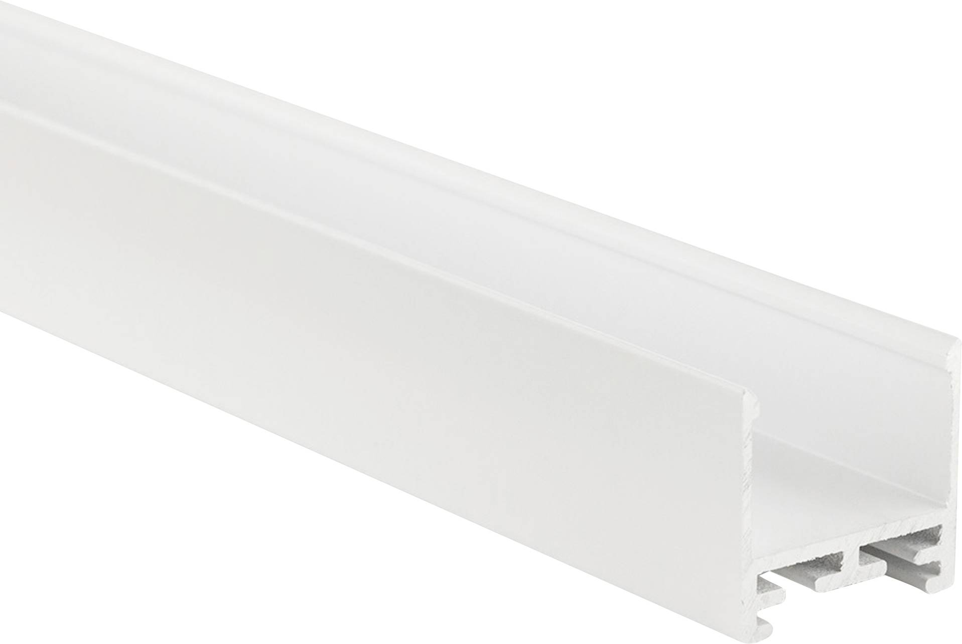 Ein weißes Kunststoffprofil mit rechteckigem Querschnitt und einem offenen Kanal, geeignet für Kabelmanagement oder Lichtinstallationen.