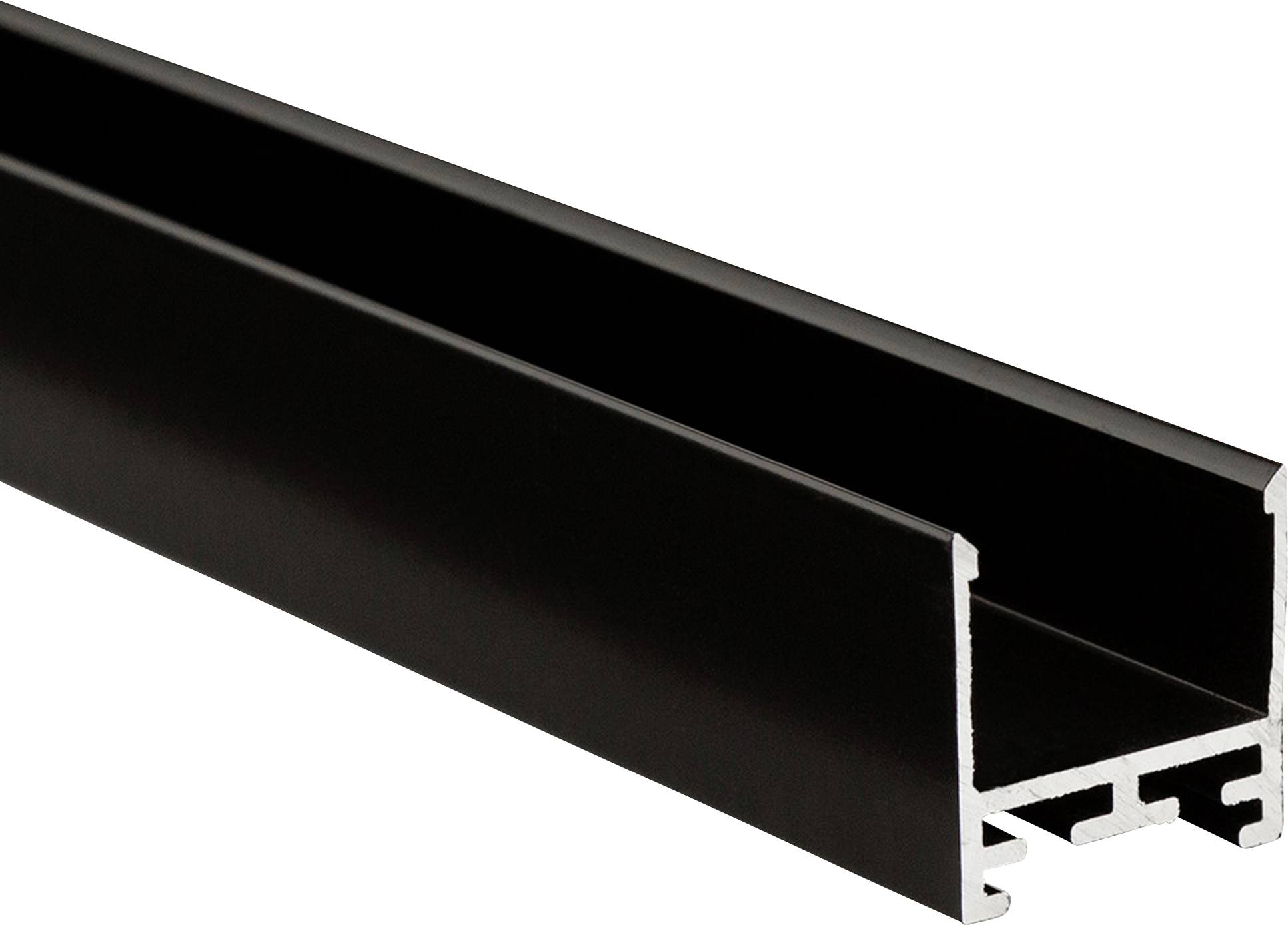 Ein schwarzes Aluminiumprofil mit U-förmigem Querschnitt, geeignet für LED-Streifen-Montage in Innenräumen.