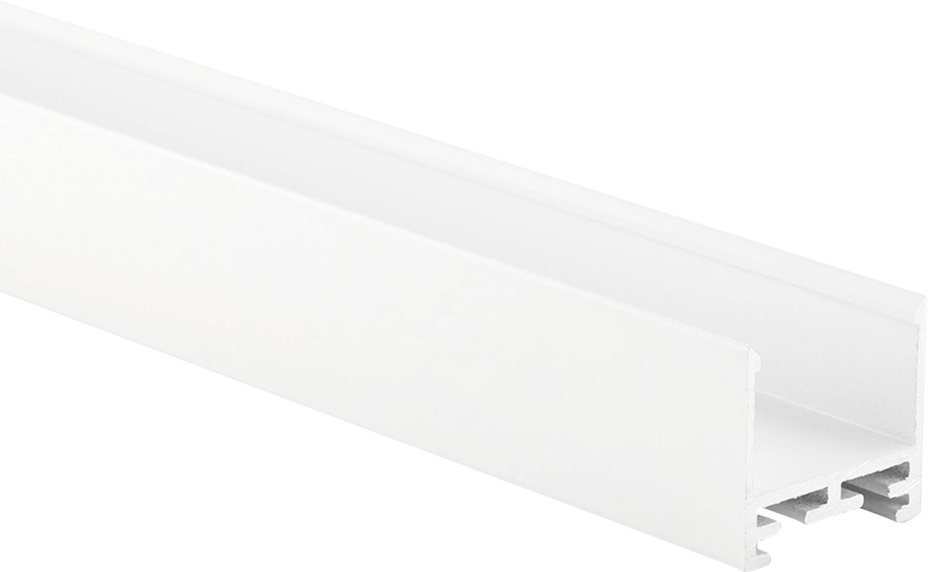 Ein weißes, rechteckiges Aluminiumprofil, seitlich fotografiert. Es wird in der Regel für Beleuchtungsinstallationen verwendet.