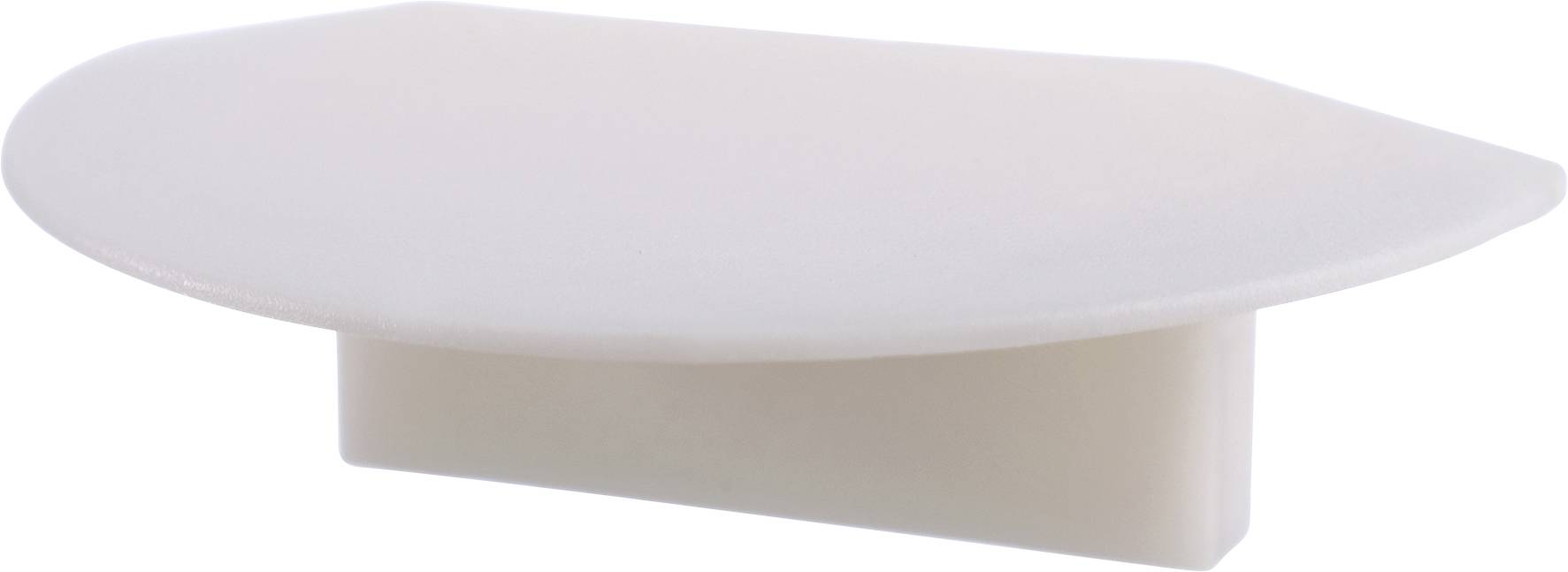 Ein weißer, ovaler Kunststoffstopfen mit flacher Oberseite. Verwendet zum Verschließen oder Abdecken von Öffnungen oder Löchern.