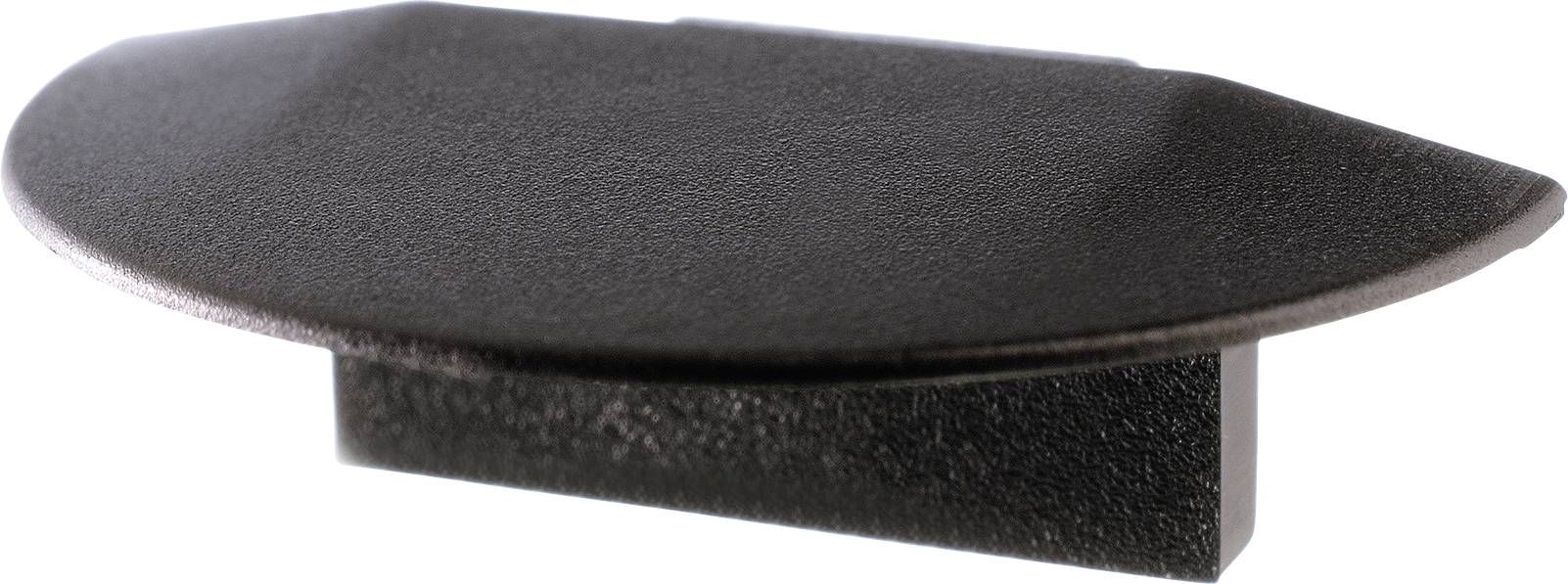 Ein schwarzes Ablagefach in ovaler Form aus Kunststoff, das als Handgriff oder Griffmulde dient.