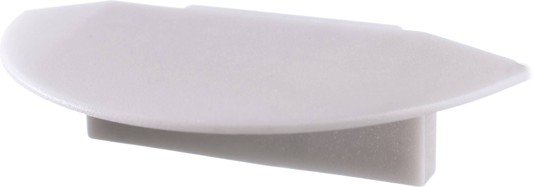 Ein flacher, weißer Kunststoffkeil mit abgerundeten Kanten, der als Möbelverbinder verwendet wird, gegen einen weißen Hintergrund.