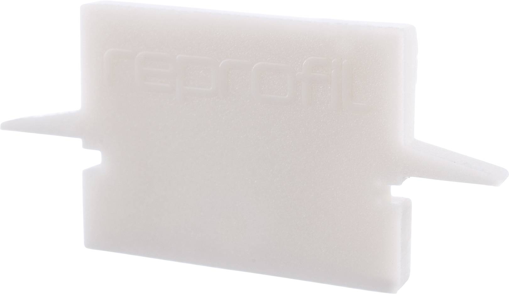 Ein weißes Kunststoffteil mit symmetrischer Form und hervorgehobener Schrift 