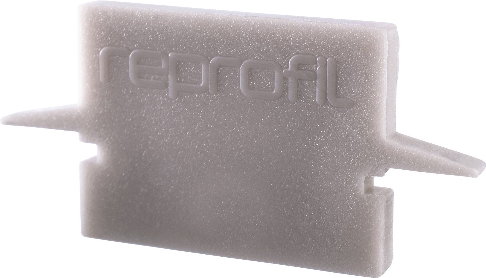 Grau-braunes Kunststoffteil mit Prägung 'reprofil', rechteckige Form mit seitlichen Flügeln, technisches Bauteil.