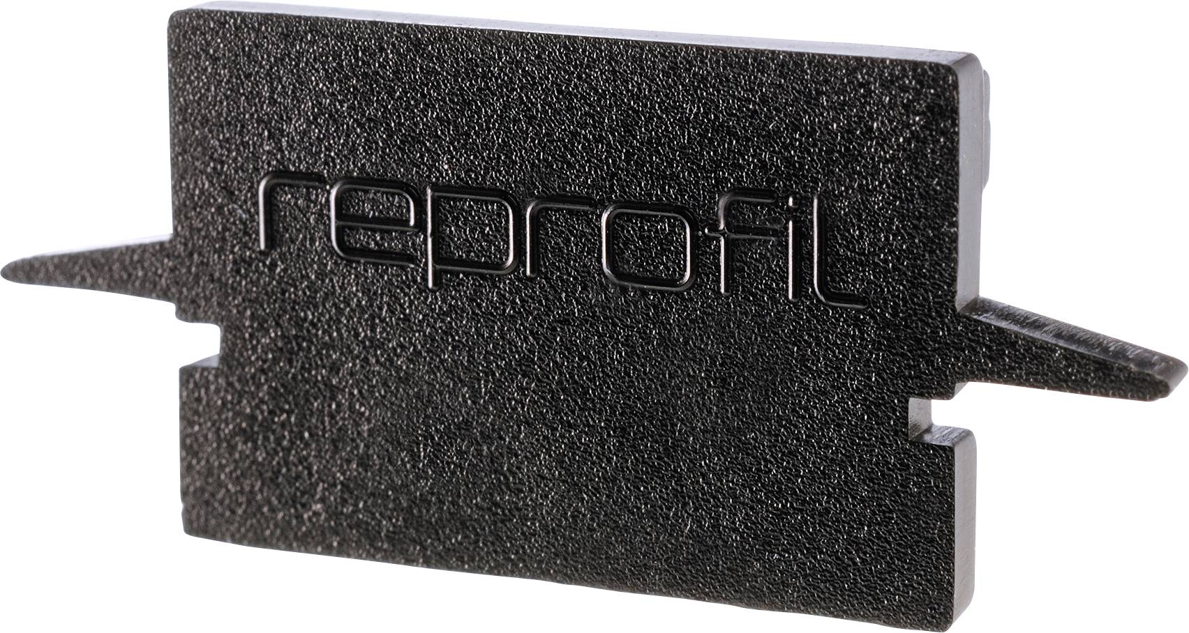 Schwarzes Kunststoffbauteil mit dem eingeprägten Schriftzug 'reprofil', verwendet in der Baubranche zur Ausrichtung von Materialien.
