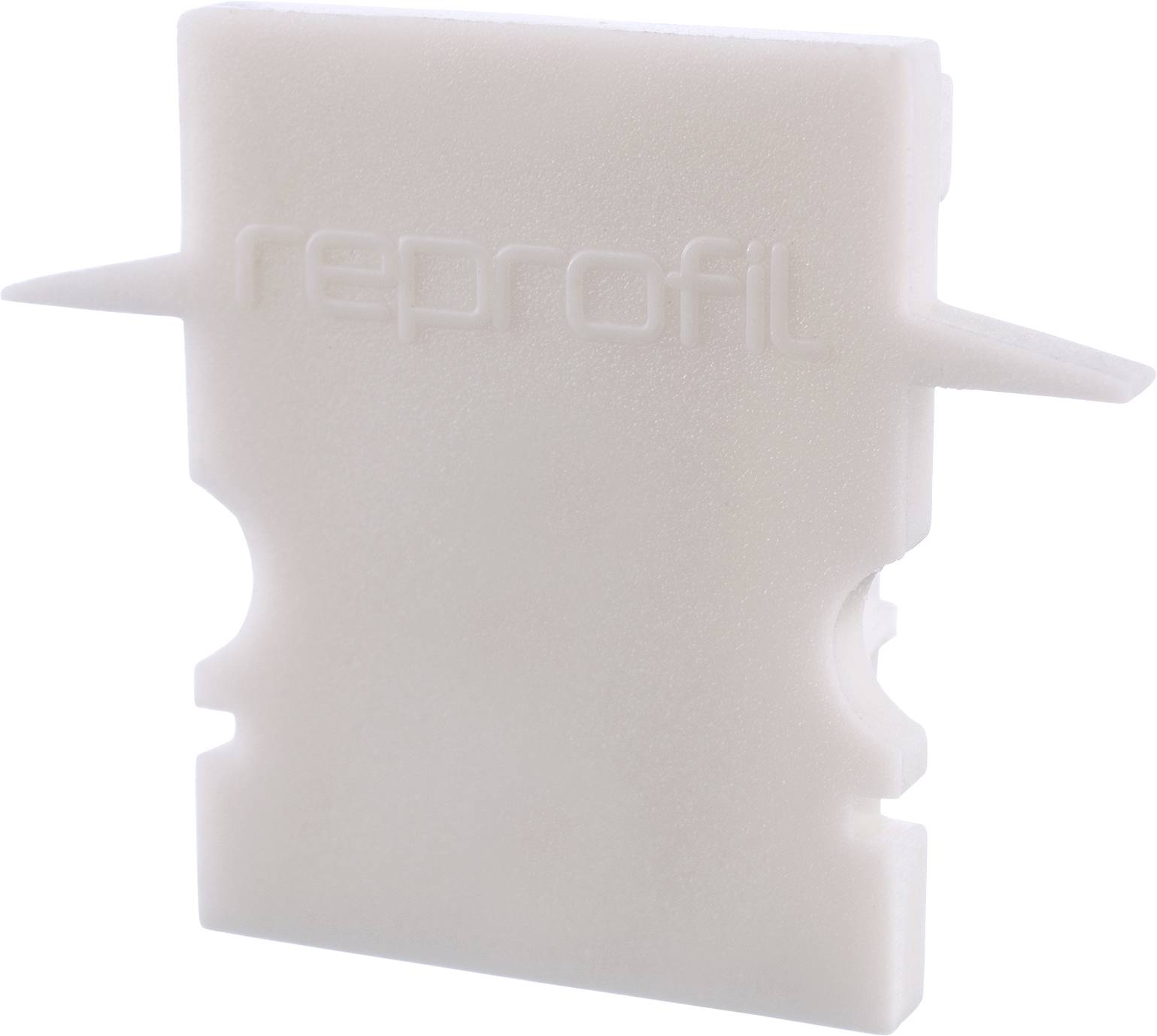 Ein rechteckiges, helles Kunststoffobjekt mit dem erhabenen Wort 'reprofil'. Es hat zwei seitliche Erhebungen.