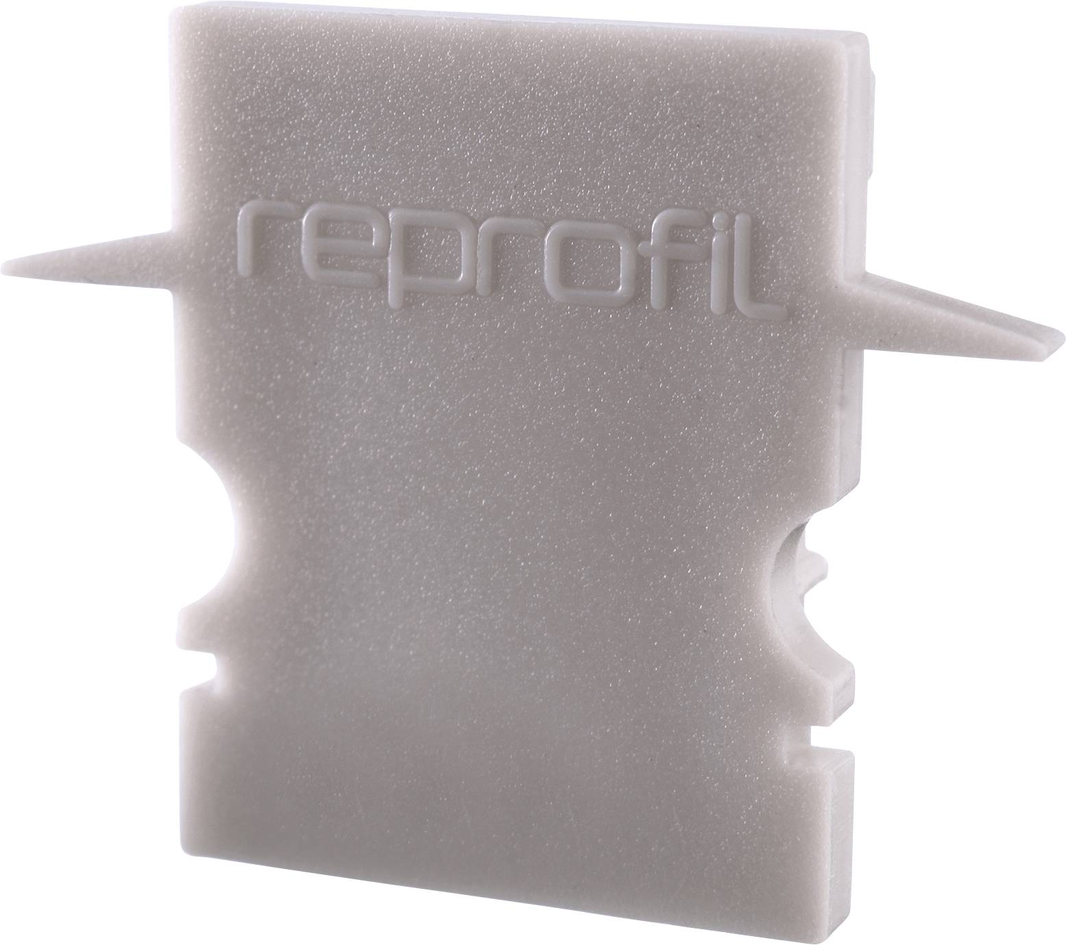 Ein graues, rechteckiges Kunststoffteil mit dem eingeprägten Text 'reprofil'. Es hat seitliche Vorsprünge und Kerben an den Seiten.