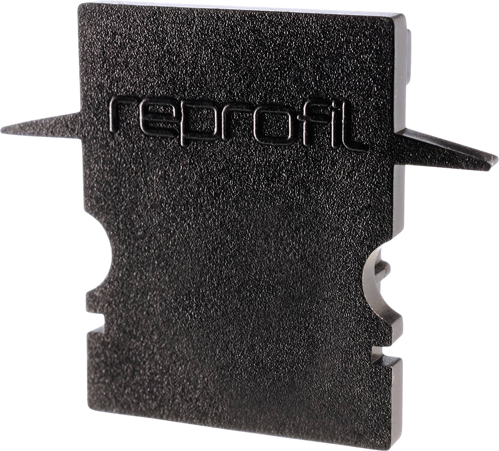 Schwarzes Kunststoffteil mit der Aufschrift 'reprofil', rechteckige Form mit seitlichen Einbuchtungen und einem schlanken Mittelteil.