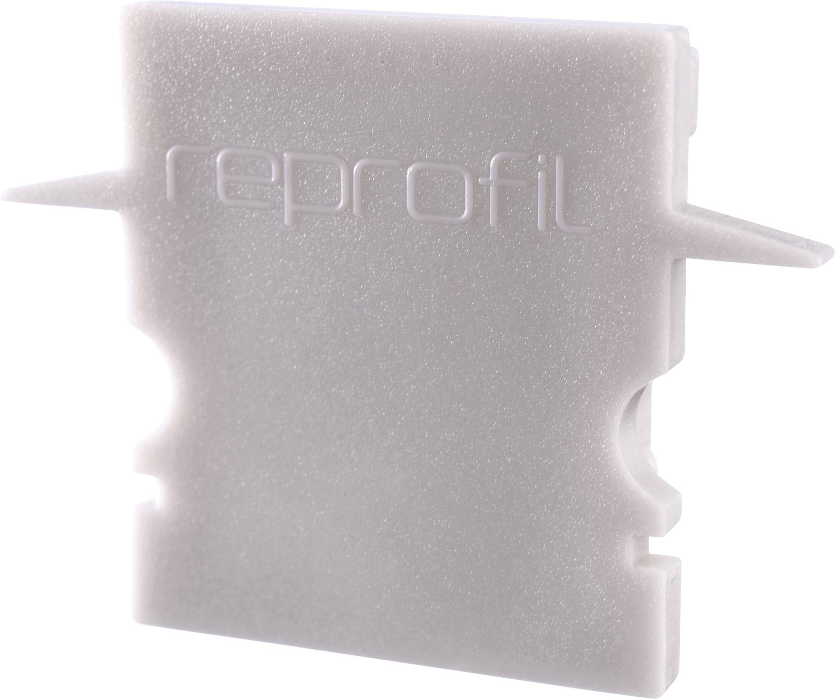 Ein graues Kunststoffbauteil mit dem Schriftzug 'reprofil' auf der Vorderseite, rechteckige Form mit zwei seitlichen Erhebungen.