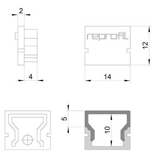 Technische Zeichnung eines quadratischen Profils mit Maßen: Breite 14 mm, Höhe 12 mm; 'reprofil' Aufschrift; Detailansicht innen, Tiefe 5 mm, Breite 10 mm.