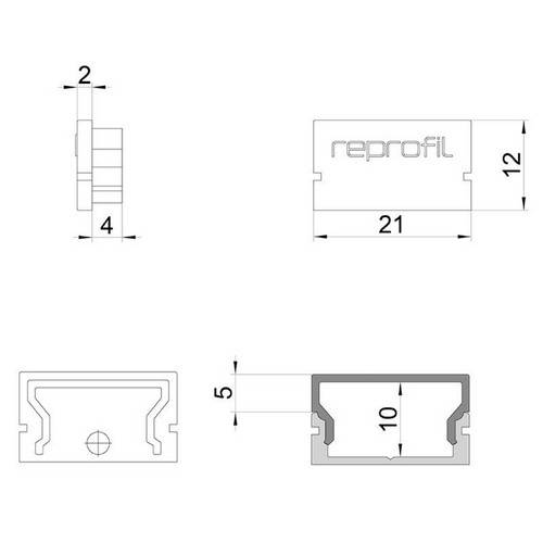 Diagramm zeigt die Maße eines rechteckigen Bauteils der Marke 'reprofil': Länge 21 mm, Breite 12 mm, Höhe 4 mm, mit 2 mm an den Seiten.