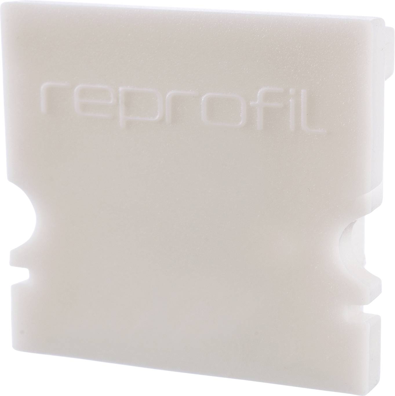 Weiße Kunststoff-Spachtelkarte mit dem eingravierten Schriftzug 'reprofil' in Großbuchstaben oben mittig.