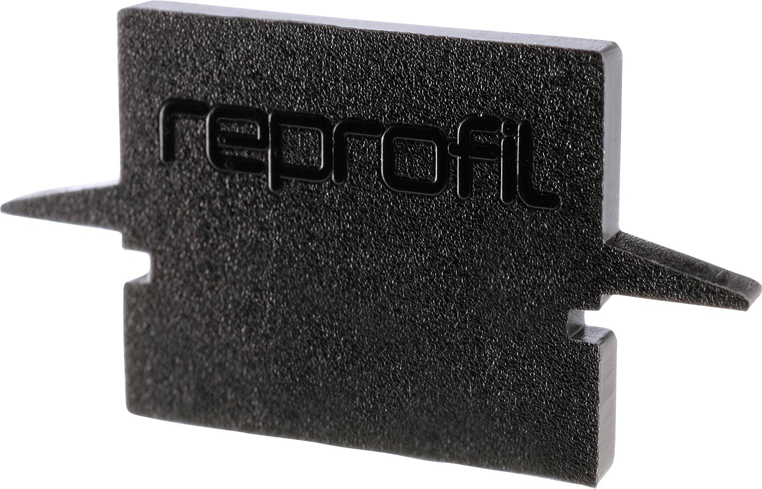 Schwarze Kunststoffkarte mit dem Logo 'reprofil', seitliche Einkerbungen für Kabelkennzeichnung.