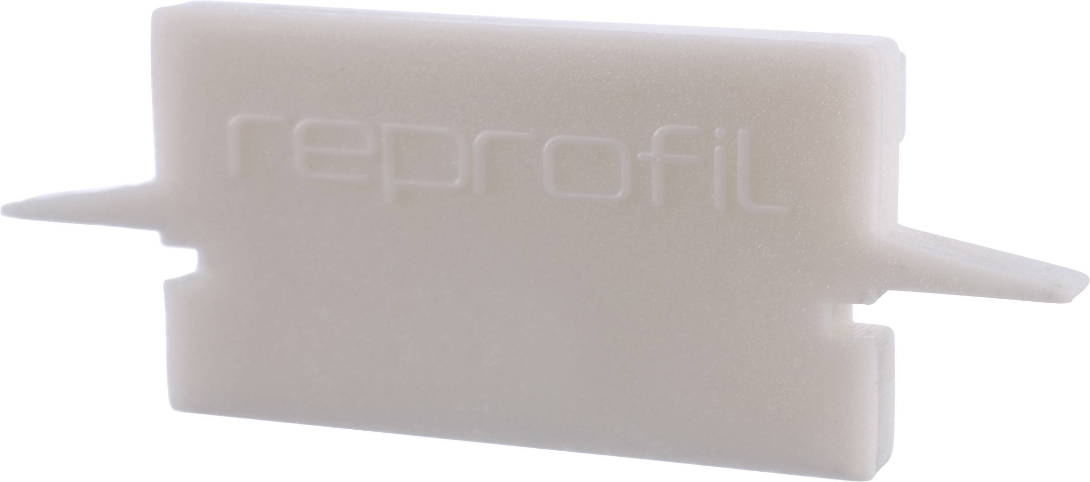 Ein rechteckiges Kunststoffteil mit dem Aufdruck 'reprofil', verwendet vermutlich als Abstandshalter oder Bauzubehör.
