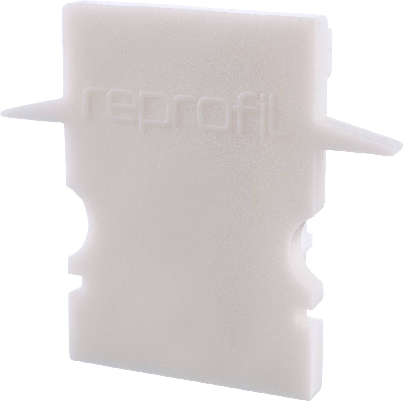 Ein helles Kunststoffteil mit der Aufschrift 'reprofil', das Teil eines größeren Produkts oder Systems sein könnte.