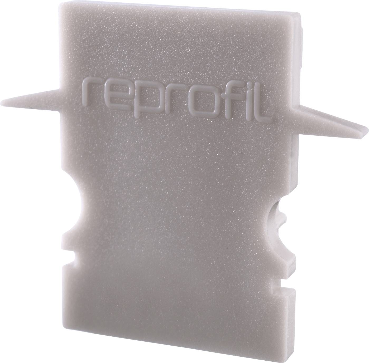 Graues Kunststoffprodukt mit der Aufschrift 'reprofil', flacher Aufbau mit seitlichen Laschen.