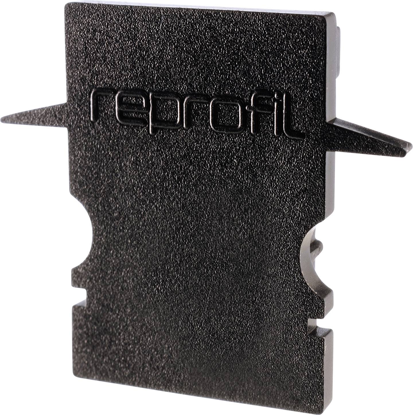 Ein schwarzer, rechteckiger Kunststoffgegenstand mit dem Schriftzug 'reprofil'.